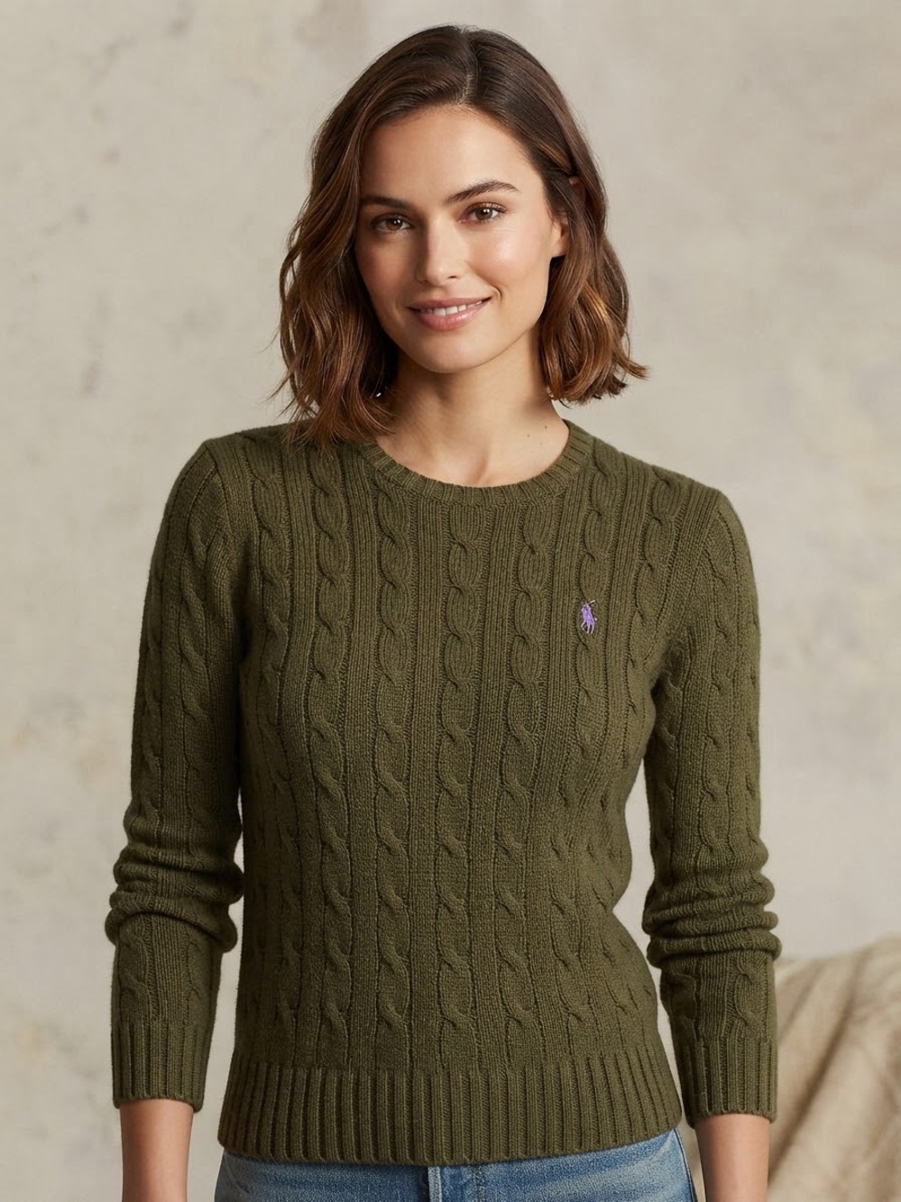Ralph Lauren Olive Cable-Knit Crewneck Sweater with Purple Pony Logo